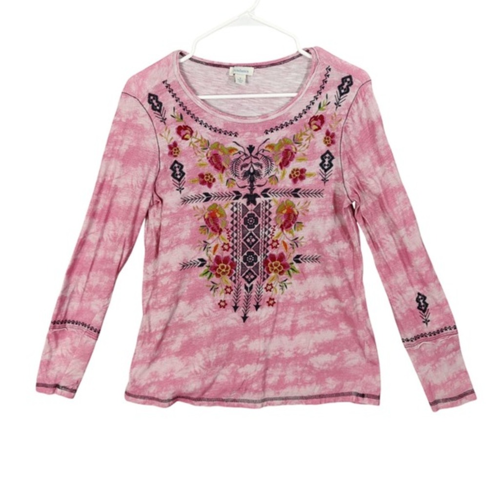 Sundance Womens Rustic Folk Cottage Embroidered Tie Dye Top S Pink Long Sleeve